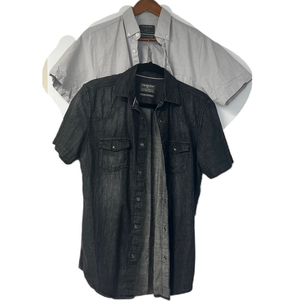 Primark Men's XS Bundle Set Regular Fit 2 Short Sleeve Button Down Gray Tops